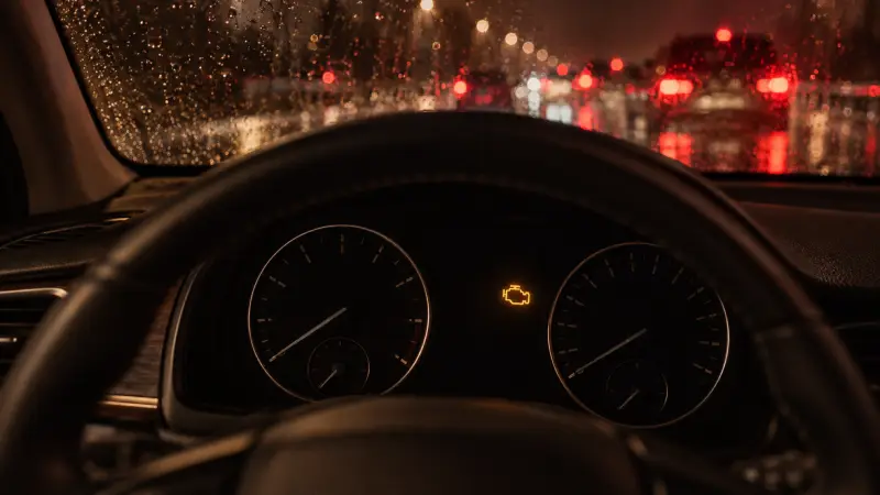 En tänd motorlampa i instrumentpanelen en regnig kväll