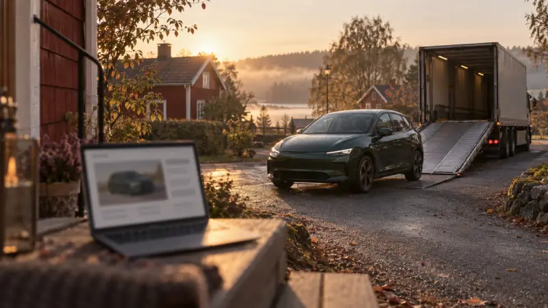 En bil levereras från en biltransport, en laptop med en bilannons i förgrunden