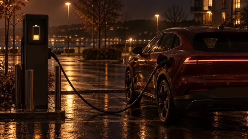En elbil vid en laddstolpe som visar ett nästan tomt batteri