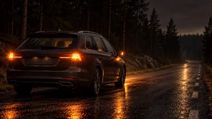 Bilen står stilla på en mörk landsväg i regn med varningsblinkers på