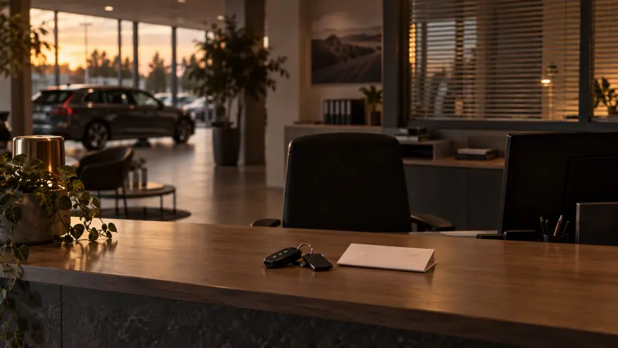 En tom reception hos bilhandlaren med bilnycklar och ett obesvarat brev på disken