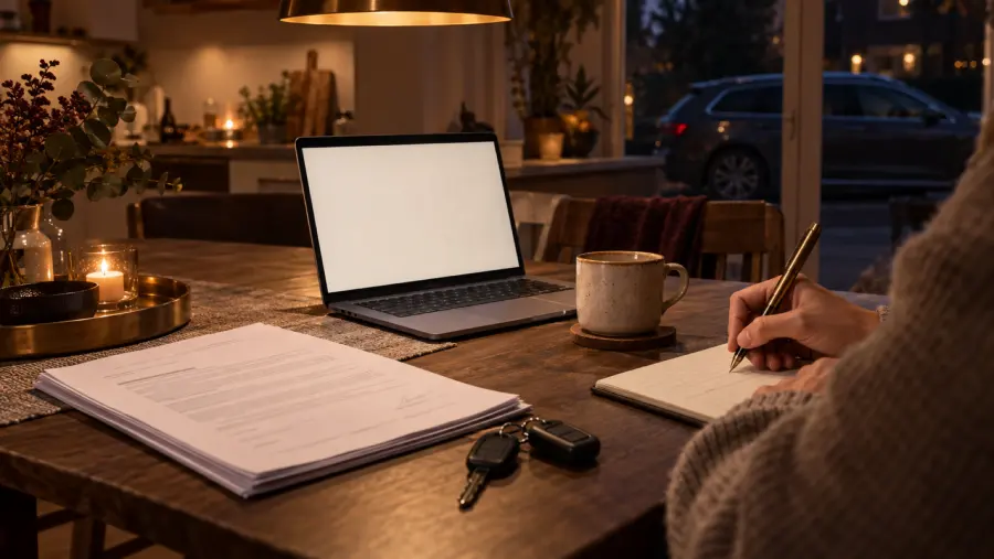 Köksbord på kvällen med laptop, köpekontrakt, bilnycklar och en hand som antecknar